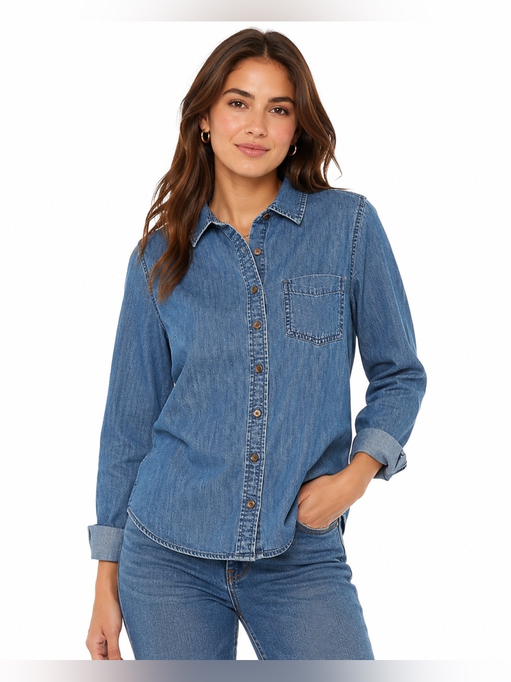 Talbots Women’s Denim Button Down Shirt in Medium Wash Sz SP